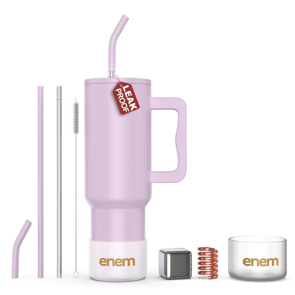 enem Tumbler, Lavender Dream, Tumbler with Metal Straw, Sipper, with Lid Leak Proof, 1 Metal Ice Cube, 1 Copper Spring (Tamba), Base Protector (Black/White), Mug Travel, 1.2L
