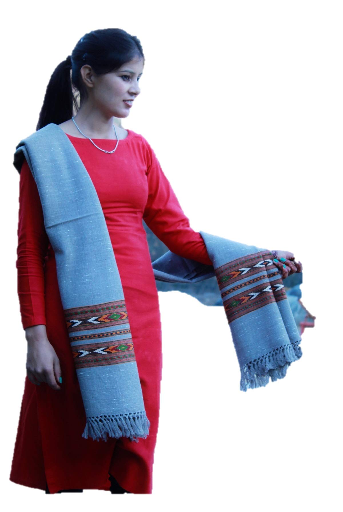 HImalayanKraft Hand Woven Kullu Handloom Woolen Shawl Grey Colored with Beautiful Kullu Weaving Designed for Women and Girls.