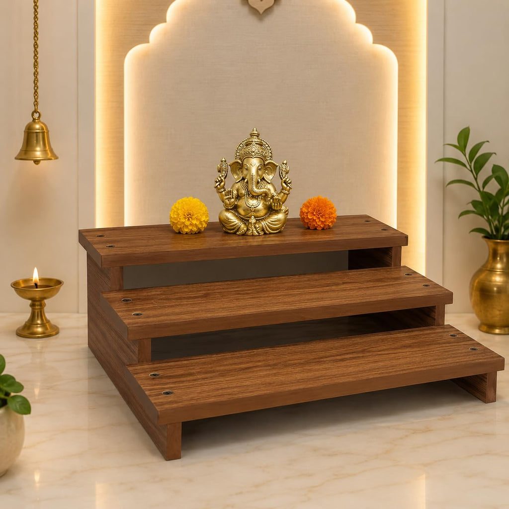 Precious Contemporary 3 Tier Wooden Pooja Chowki for Home Temple, Home, Office | MDF Laminated Mandir Stand | Idol Display Platform | Decorative Temple Organizer | Brown