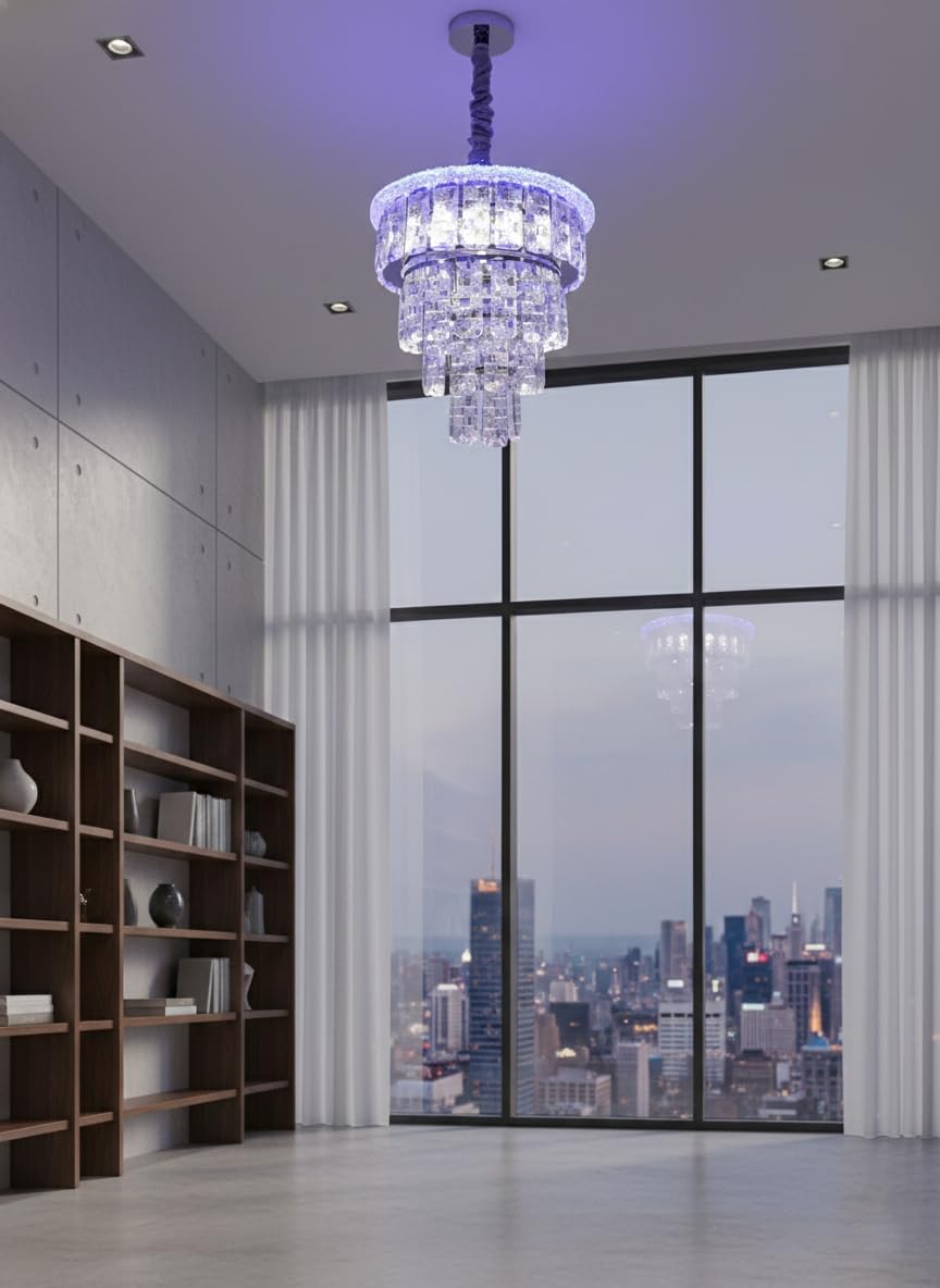 swanart Zephyra Rotating Crystal Chandelier with Multi Color LED, Bluetooth Music System, 3-Tier K9 Crystal Ceiling Light for Living Room, Bedroom & Luxury Interiors
