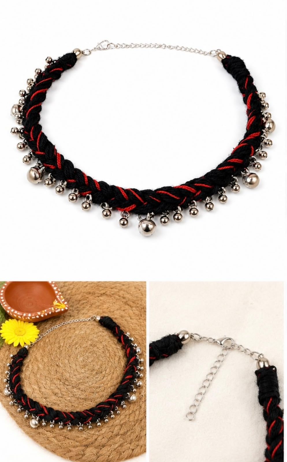 Handmade Navratri Thread Choker Necklace with Ghungroo | Black & Red Braided Boho Choker | Traditional Garba & Dandiya Jewellery for Women & Girls | Adjustable Ethnic Festival Necklace (Black and green)