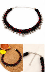 Handmade Navratri Thread Choker Necklace with Ghungroo | Black & Red Braided Boho Choker | Traditional Garba & Dandiya Jewellery for Women & Girls | Adjustable Ethnic Festival Necklace (Black and green)