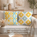 STITCHNEST Set of 2 Polycotton Cushion Covers – 24x24 Inches – Yellow & Aqua Ikat-Inspired Geometric Print – Vibrant Cushion Covers for Sofa, Couch & Living Room | Perfect for Home Decor