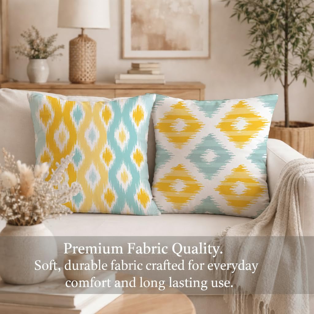 STITCHNEST Set of 2 Polycotton Cushion Covers – 24x24 Inches – Yellow & Aqua Ikat-Inspired Geometric Print – Vibrant Cushion Covers for Sofa, Couch & Living Room | Perfect for Home Decor