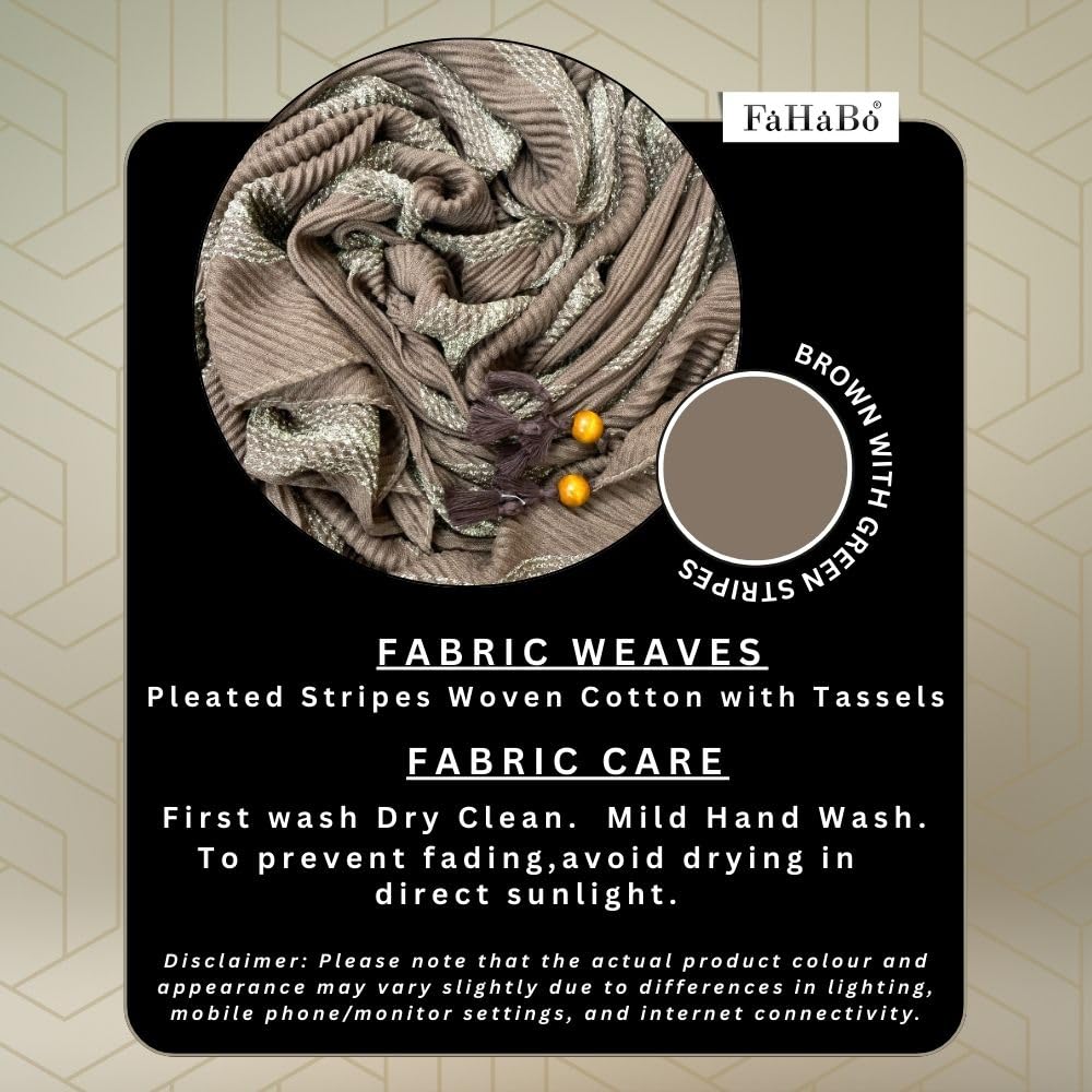 FAHABO Scarf Woman Pleated Stripes Woven Cotton Scarves with Tassels | Hijab Scarf | Headscarf | Neck Scarf | Stoles | Wraps (Brown with Green Stripes)