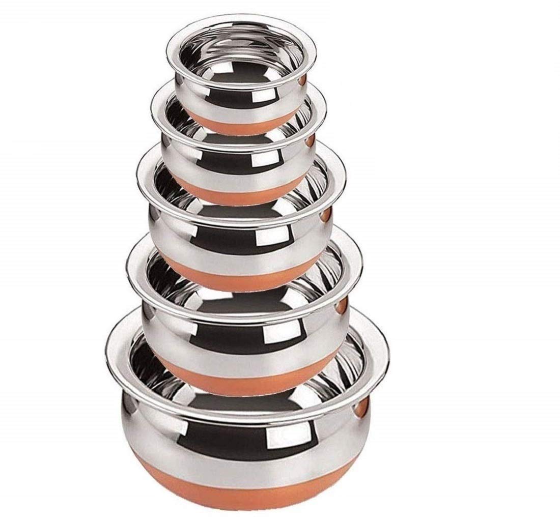 GlamourShop Stainless Steel Copper Base Serving Bowls Handi Set of 5 Pieces, Handi Set with Serving Bowl Set/Cookware Set/Sauce Pot and Handis (5 Handi Without Lid's)