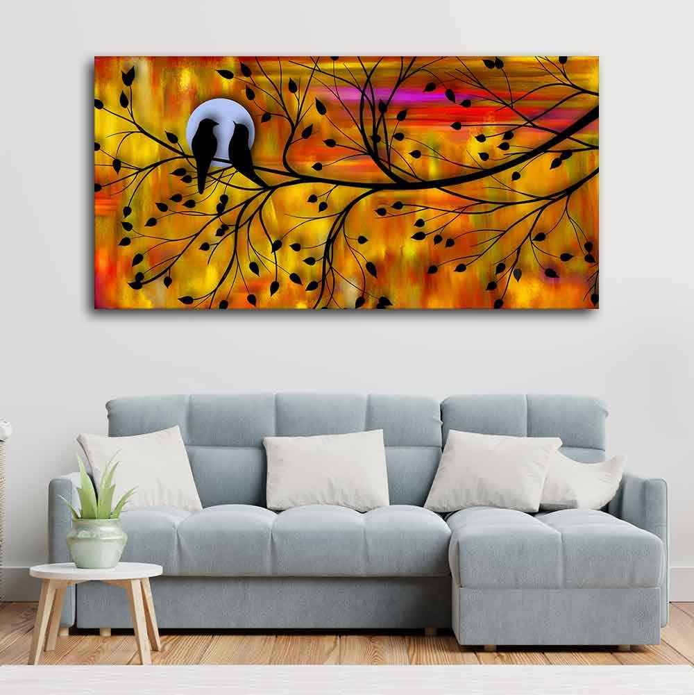 VIBECRAFTS Canvas Paintings for Living Room Drawing Room Bird Couple On Tree Canvas Wall Painting Fitted With Wooden Frame For Home | Office | Living Room | Gift (PTVCH_2474)