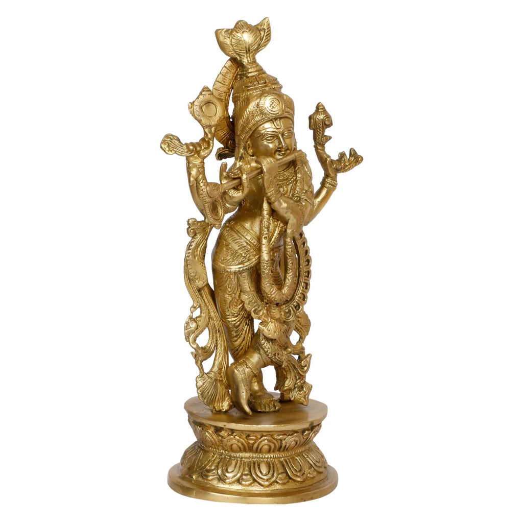 ARTVARKO Large Brass Idol Murti Lord Krishna Metal Statue with Flute Home Decor for Living Room Pooja Gift Height 12 Inch