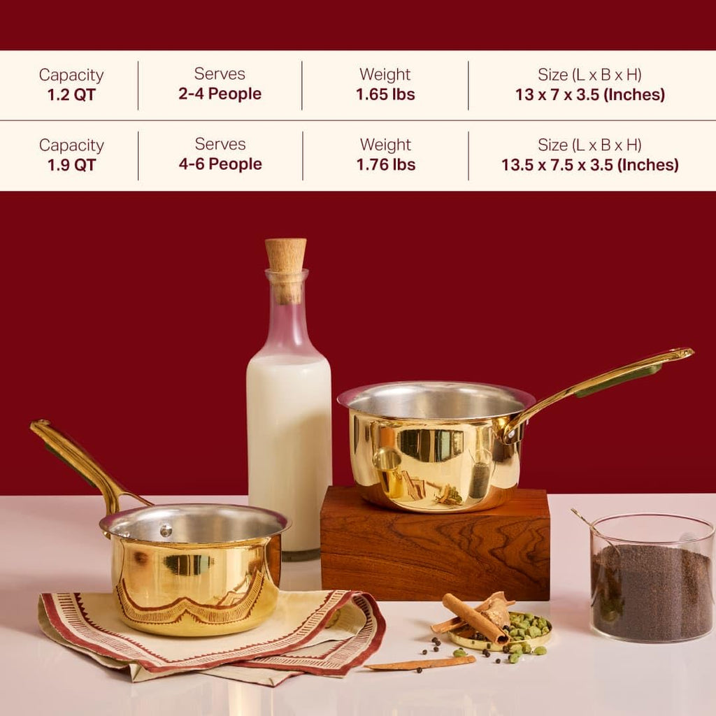 P•TAL Brass Saucepan 1.8L with Insulated Heat-Resistant Handle | 100% Pure Brass Tin Coated Tea Pan | Chemical-Free and Non-Stick (Free 30ml Copper & Brasss Cleaning Solution)