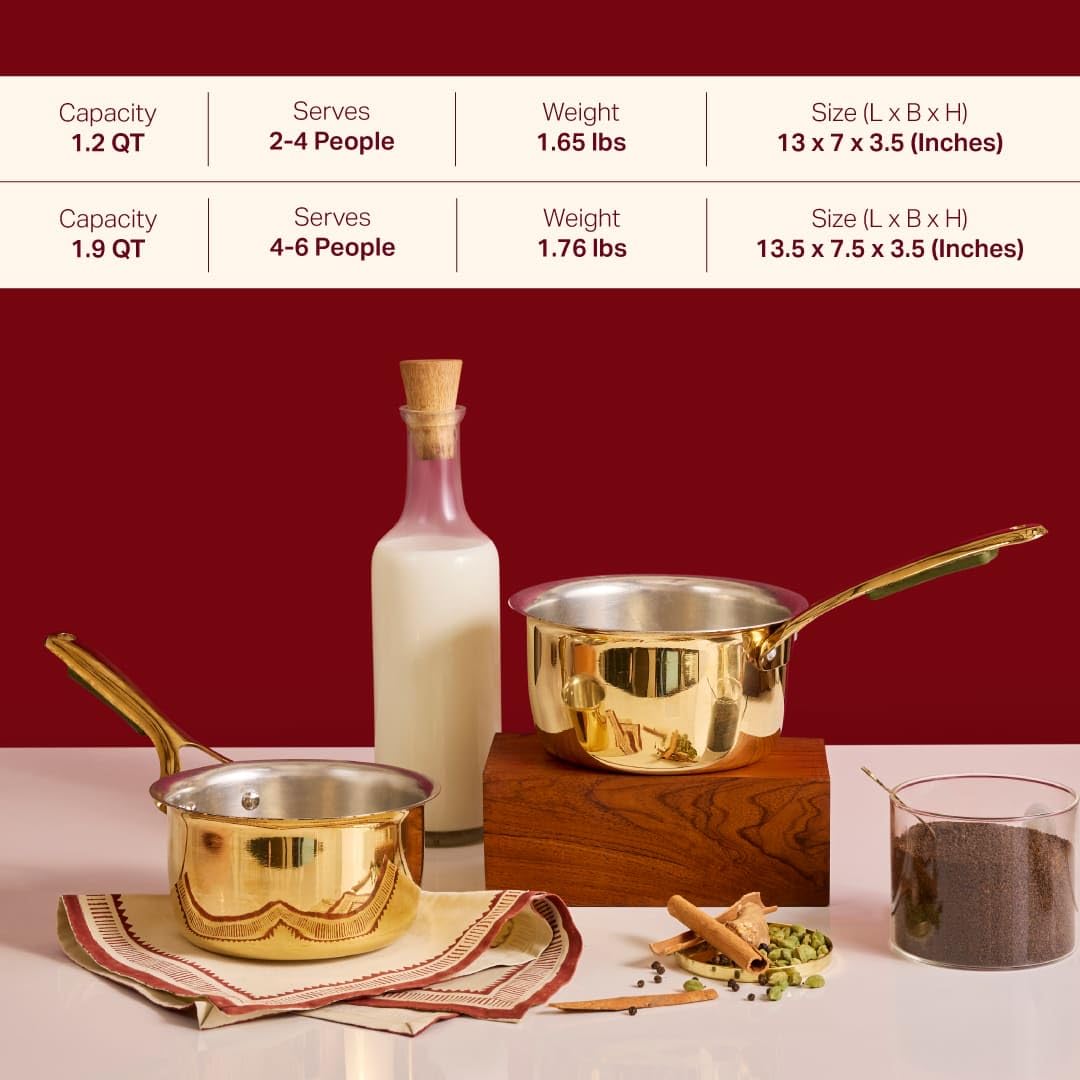 P•TAL Brass Saucepan 1.8L with Insulated Heat-Resistant Handle | 100% Pure Brass Tin Coated Tea Pan | Chemical-Free and Non-Stick (Free 30ml Copper & Brasss Cleaning Solution)