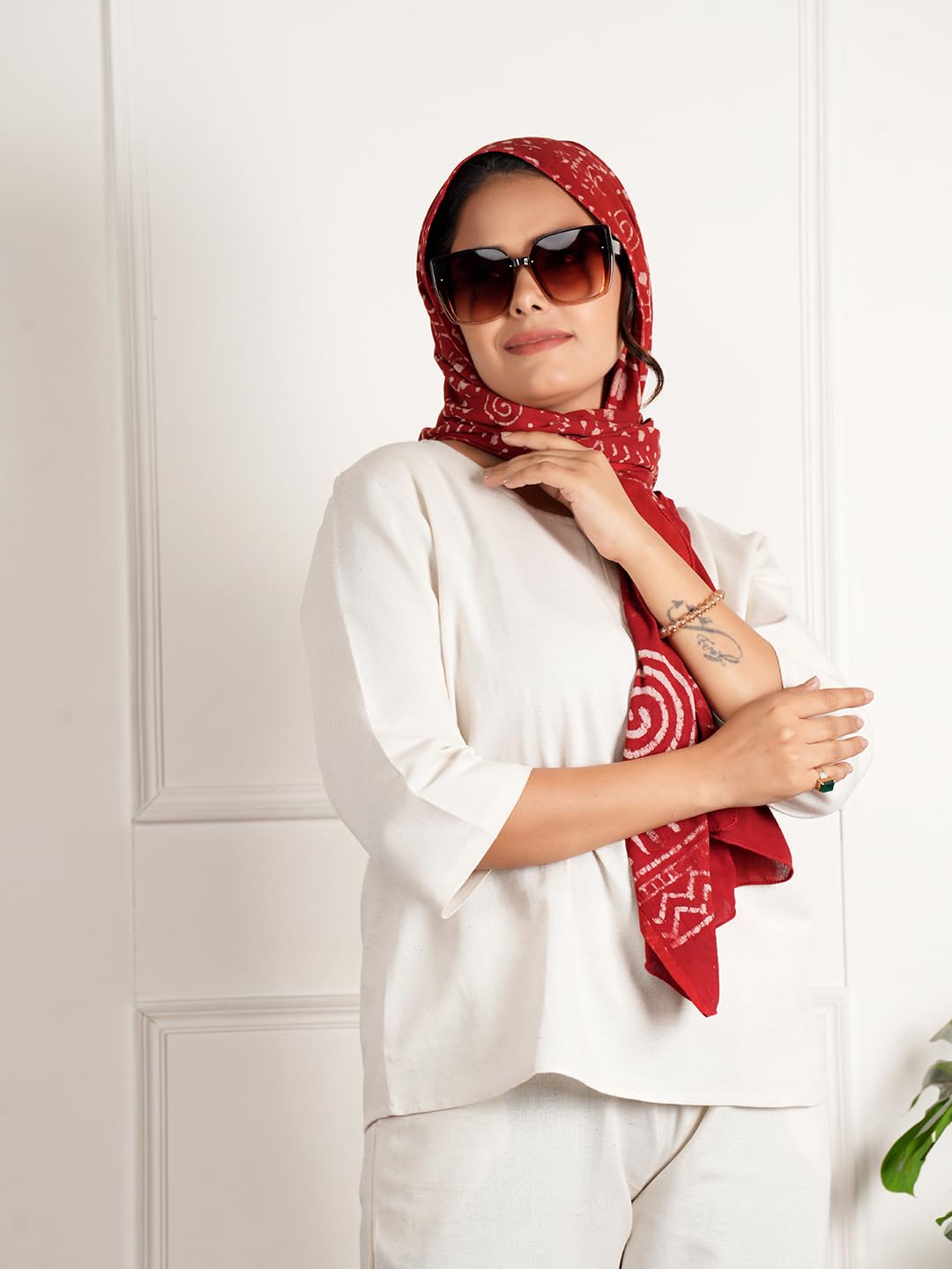 RAI SAHAB Women's Cotton Hand Block Printed Casual Stoles/Scarf(ST-64RED10)