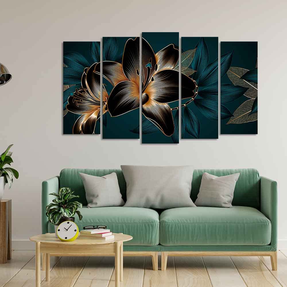 VIBECRAFTS Beautiful Lilies Flowers Canvas Wall Painting Set of Five Pieces For Home|Office|Living Room|Gift (PTVC5Pcs2_6594)