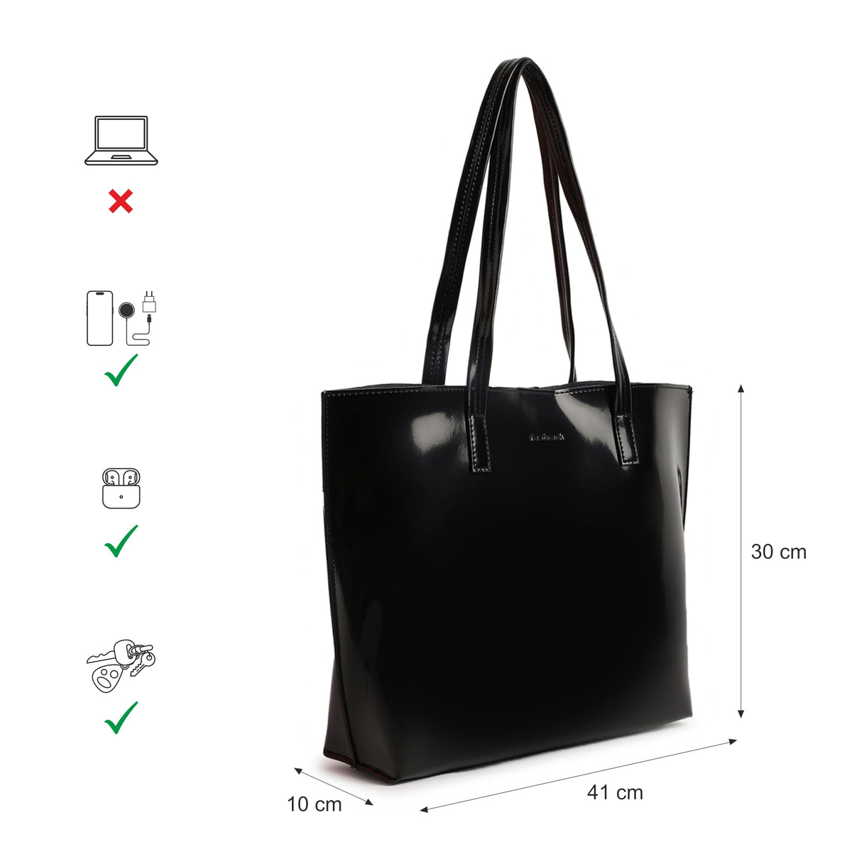 Fastrack Black Patent Party Tote Bag for Women, Girls and Ladies | Spacious Tote Bag with Button Closure