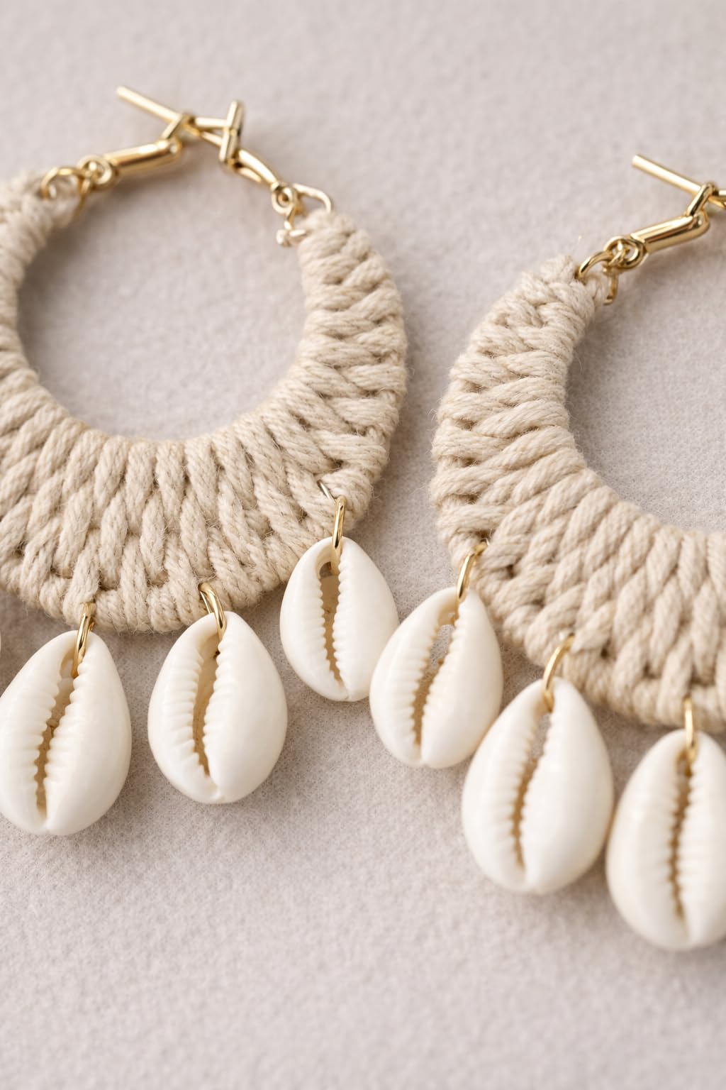 TR haute Boho Cowrie Shell Earrings for women and girl, Handmade Macrame Hoop Design with Natural Seashells, Beach Style Statement Jewelry, Cream Color , lightweight, daily, party and office style earring.