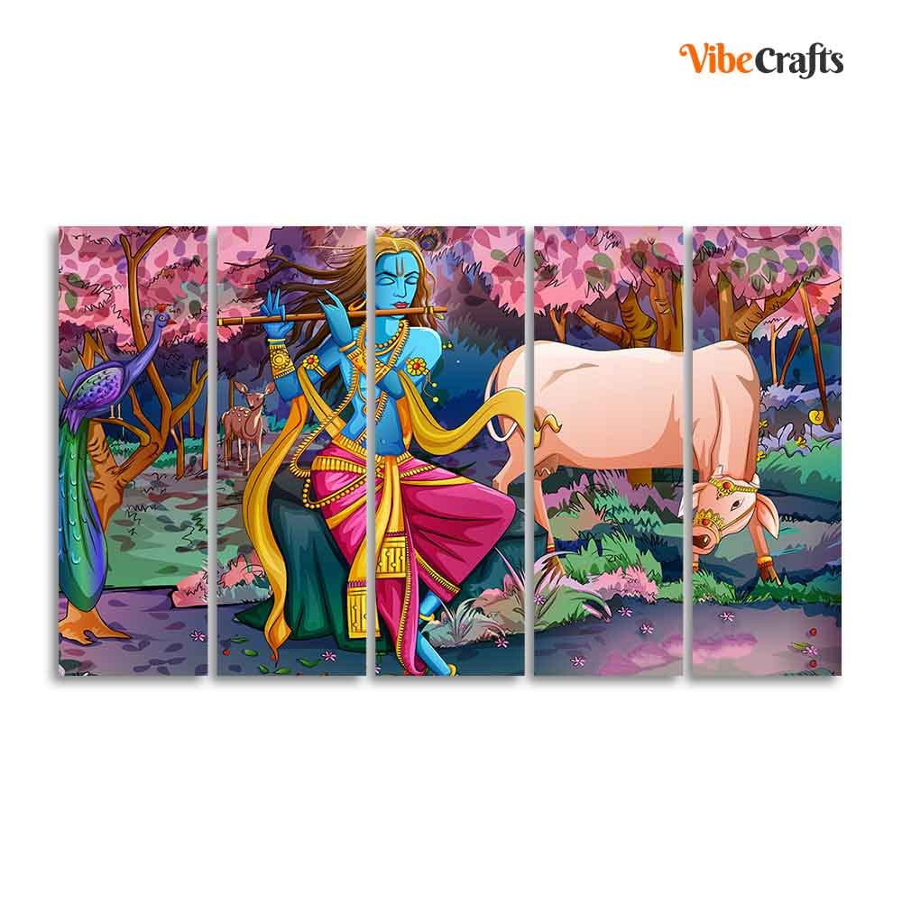 VIBECRAFTS Krishna Playing Flute 5 Pieces Canvas Wall Painting For Home | Office | Living Room | Gift (PTVC5Pcs4_8555)