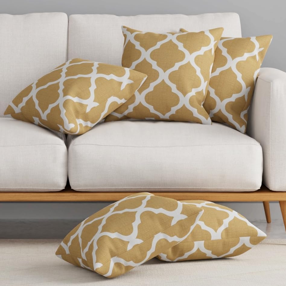 HUESLAND Premium Cotton Cushion Cover 16 inch x 16 inch | Decorative Square Throw Pillow Covers Set for Sofa, Living Room & Bedroom | Set of 5 | Quatrefoil Light Brown
