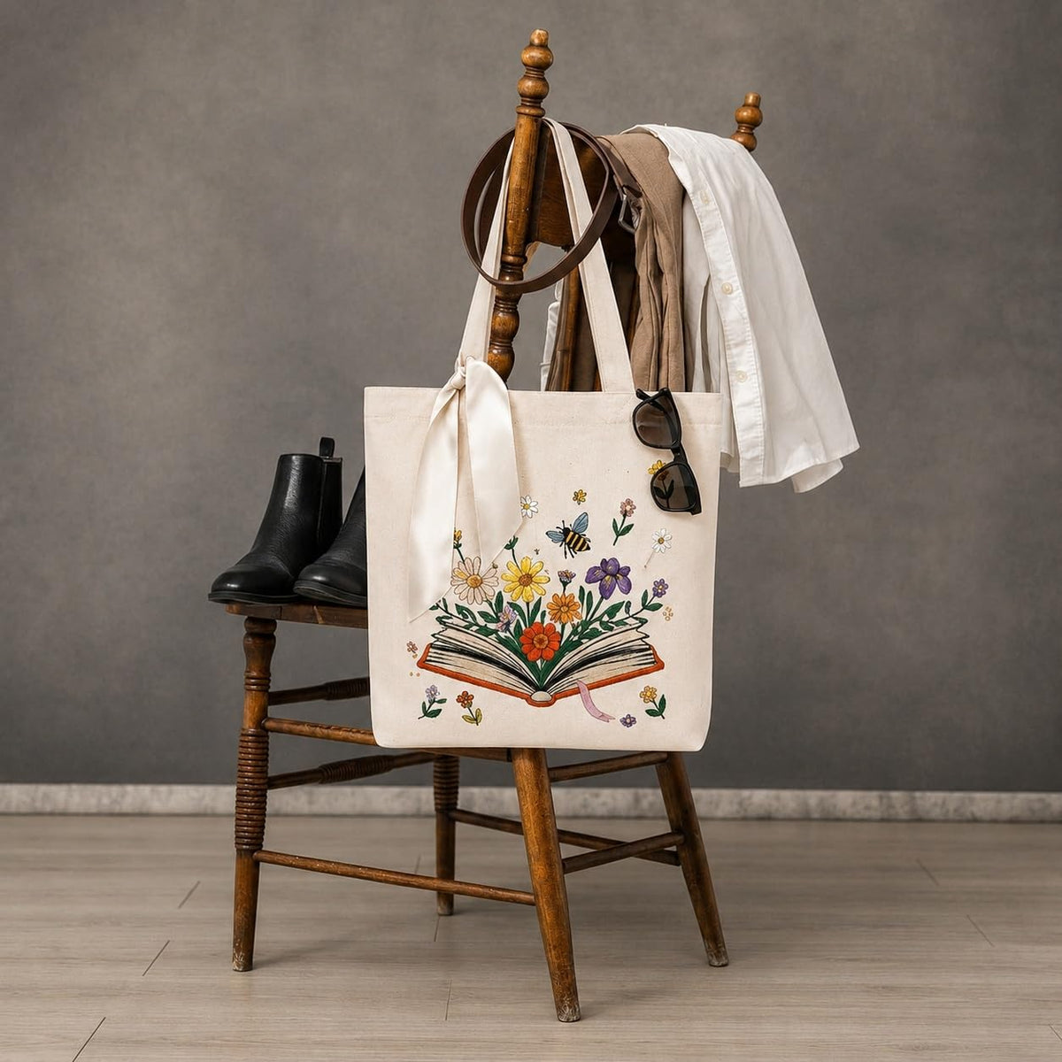 MASQ Premium ToteBag for Women with Zipper | Embroidered Foldable Shoulder Bag with Multiple Pockets | Spacious Handbag for College & Office | Eco-Friendly & Reusable (Tote_Bag_Floral_Book)