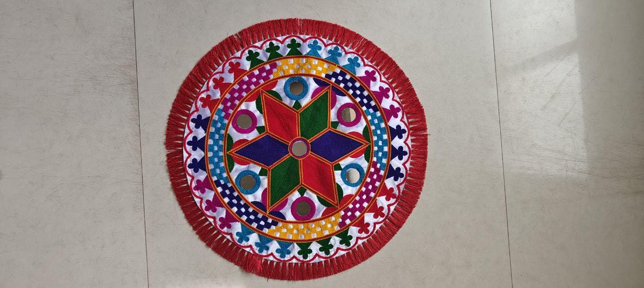 ATIRAMANIYA Traditional Embroidery Round Pooja Thali Rumal Pooja Prasad Thali Cover/Wedding Beautiful Hand Work Thali Rumal Puja Table Assan for Home Decor Pack of 1 (1)