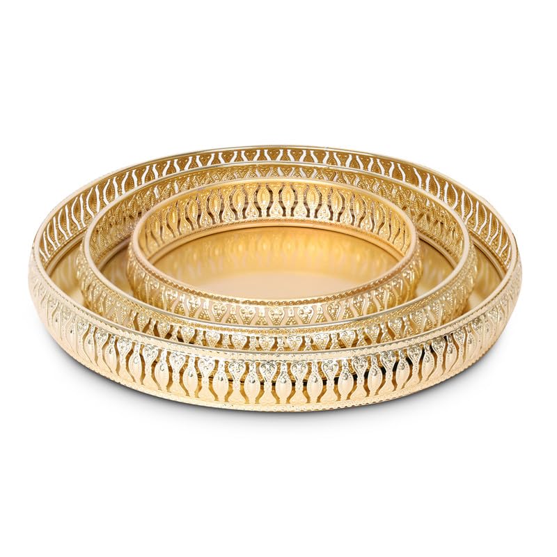 R Ayurveda Copper 3-Piece Premium Golden Metal Tray Set | Decorative Round Trays for Serving, Gifting, and Home Decor