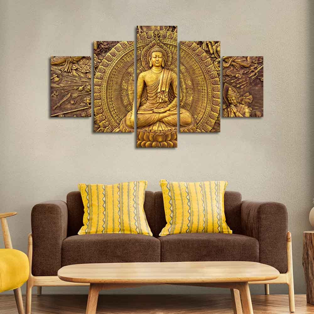 VIBECRAFTS Spiritual Buddha Wall Painting Five Pieces For Home|Office|Living Room|Gift (PTVC5Pcs1_5550)