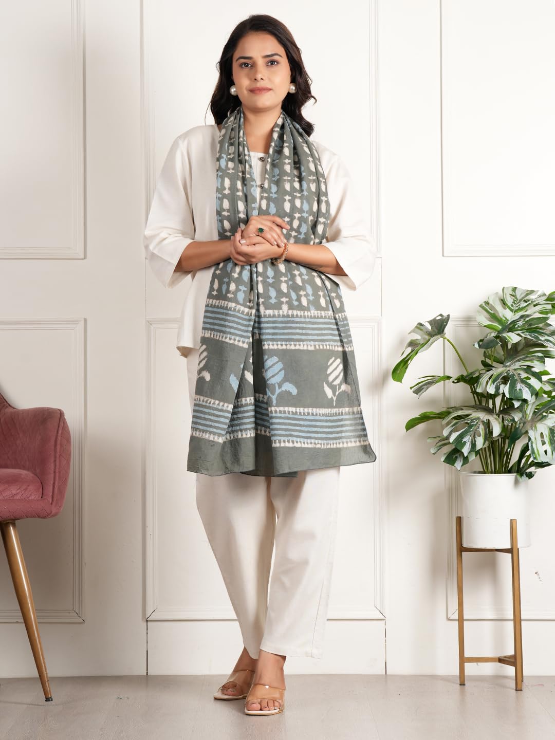 RAI SAHAB Printed Cotton Scarf for Women, Lightweight Soft Scarves Stoles for Summer & Winter(ST-88GREY10)