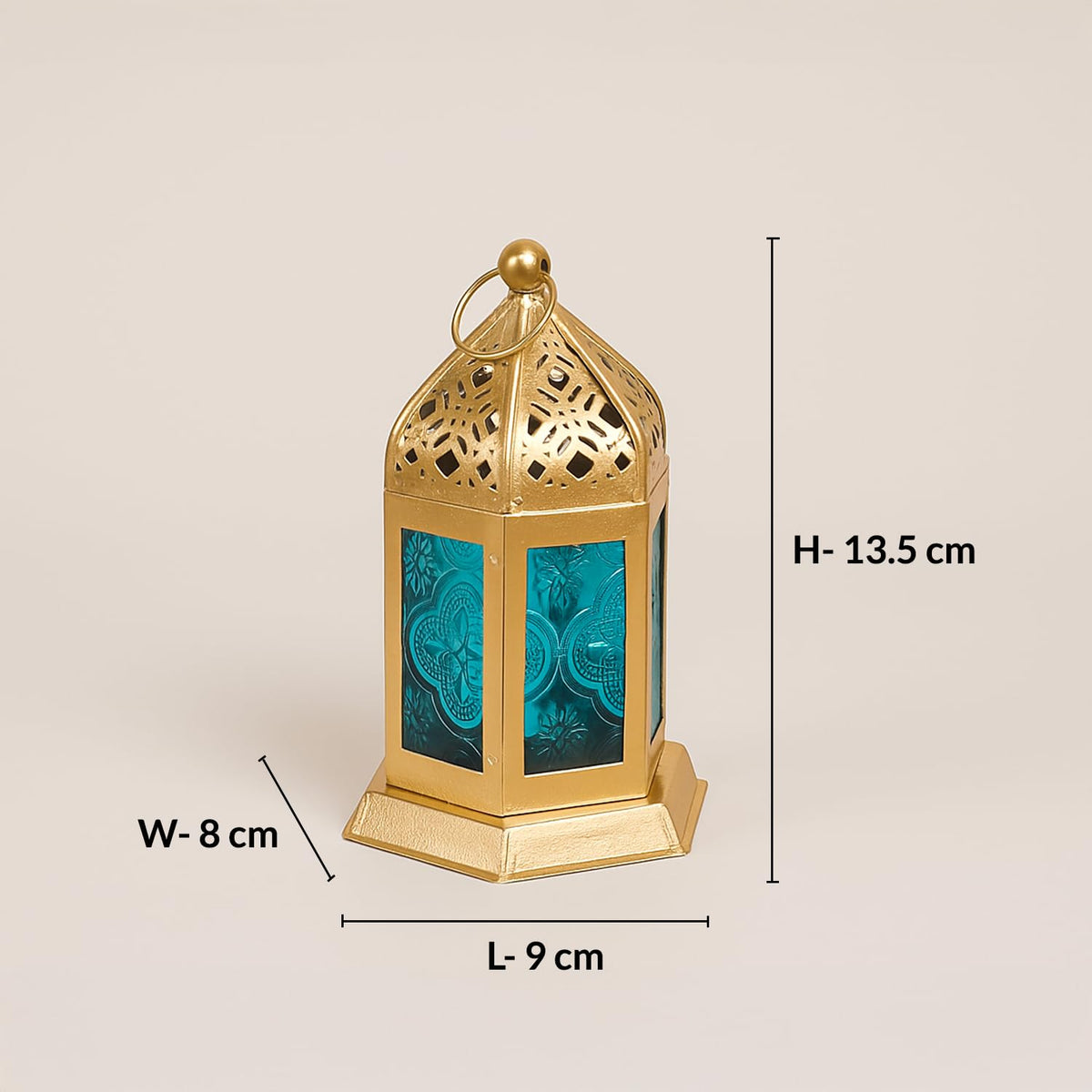 MARKET 99 Moroccan Lantern Candle Holder | Metal & Glass Tealight Lantern | Golden & Blue Decorative Lamp | Home Décor for Living Room, Table & Dinner Setup | (Use LED T-Light only)