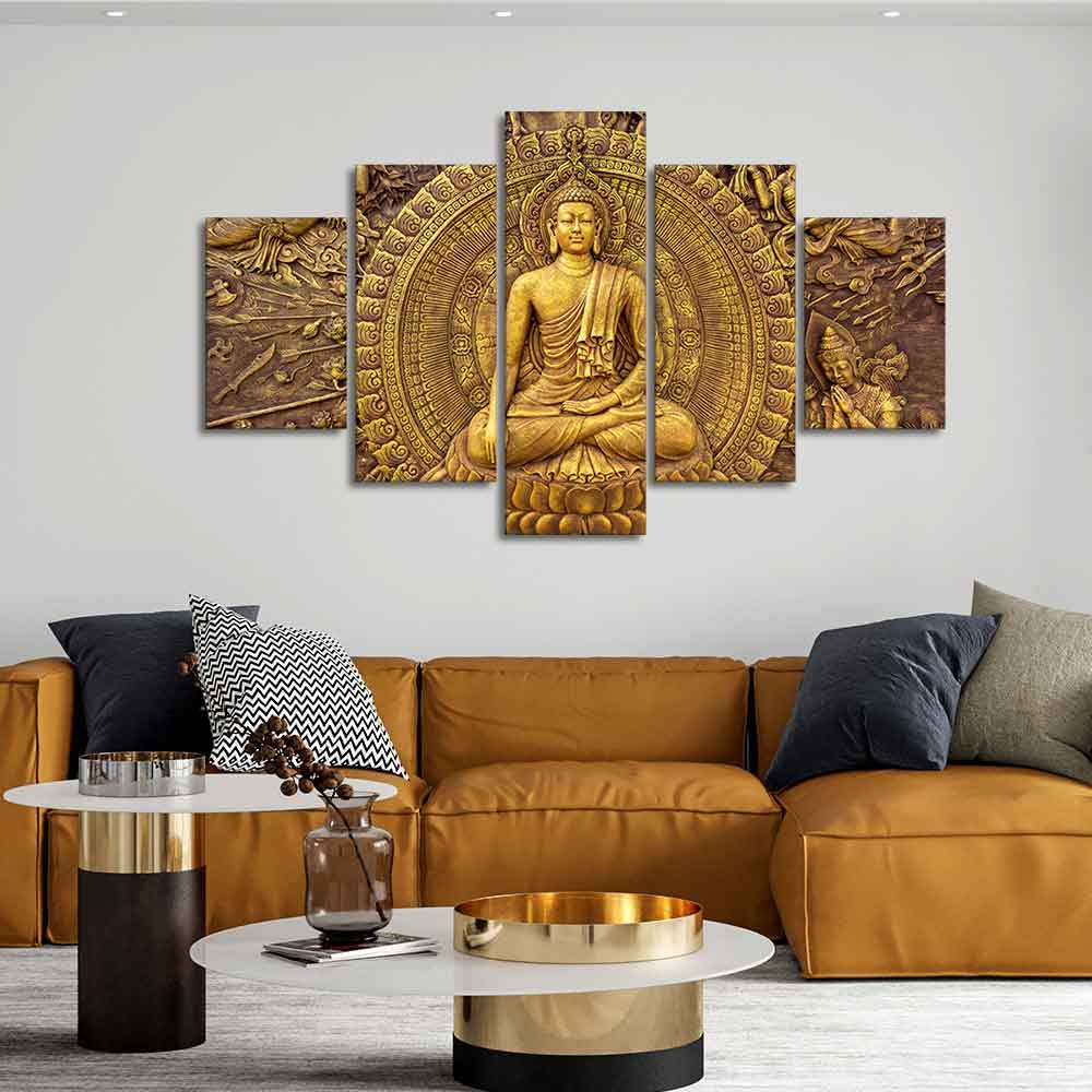 VIBECRAFTS Spiritual Buddha Wall Painting Five Pieces For Home|Office|Living Room|Gift (PTVC5Pcs1_5550)