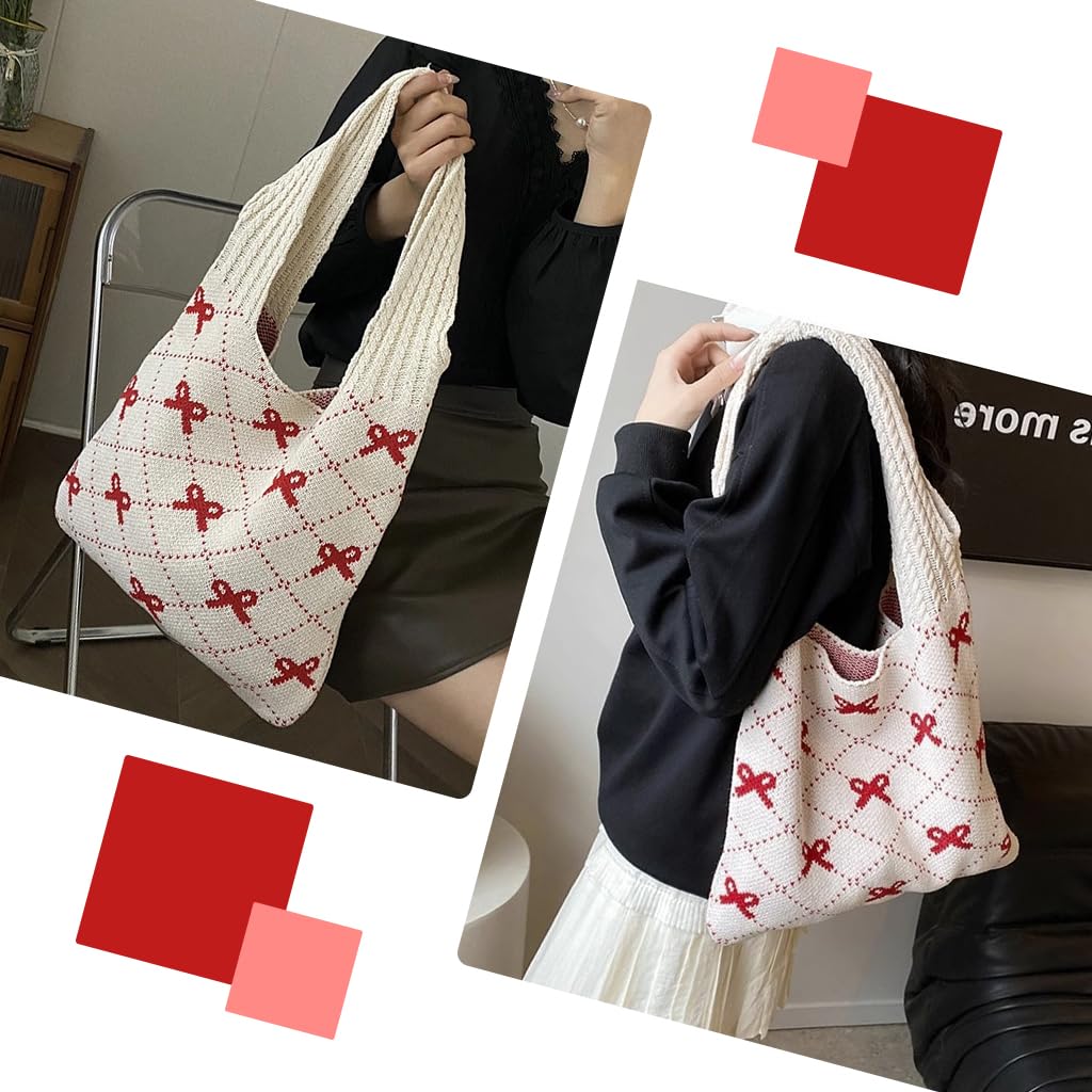 PALAY Tote Bag for Woman Crochet Knitted Red Bow Women Handbags
