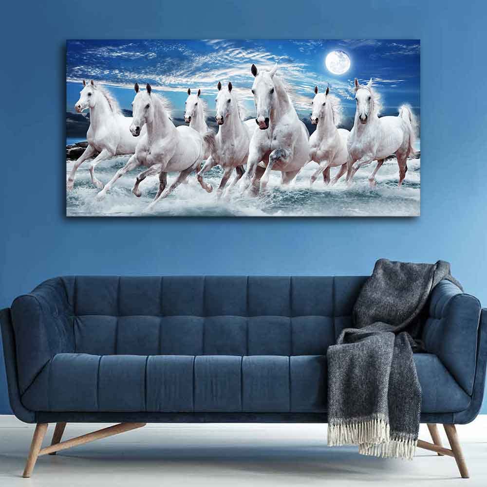VIBECRAFTS Canvas Paintings for Living Room Drawing Room Beautiful Seven Running Horses Wall Painting in Water Wall Art Fitted with Wooden Frame for Home|Office|Gift(PTVCH_2255NN) (Multi 5)