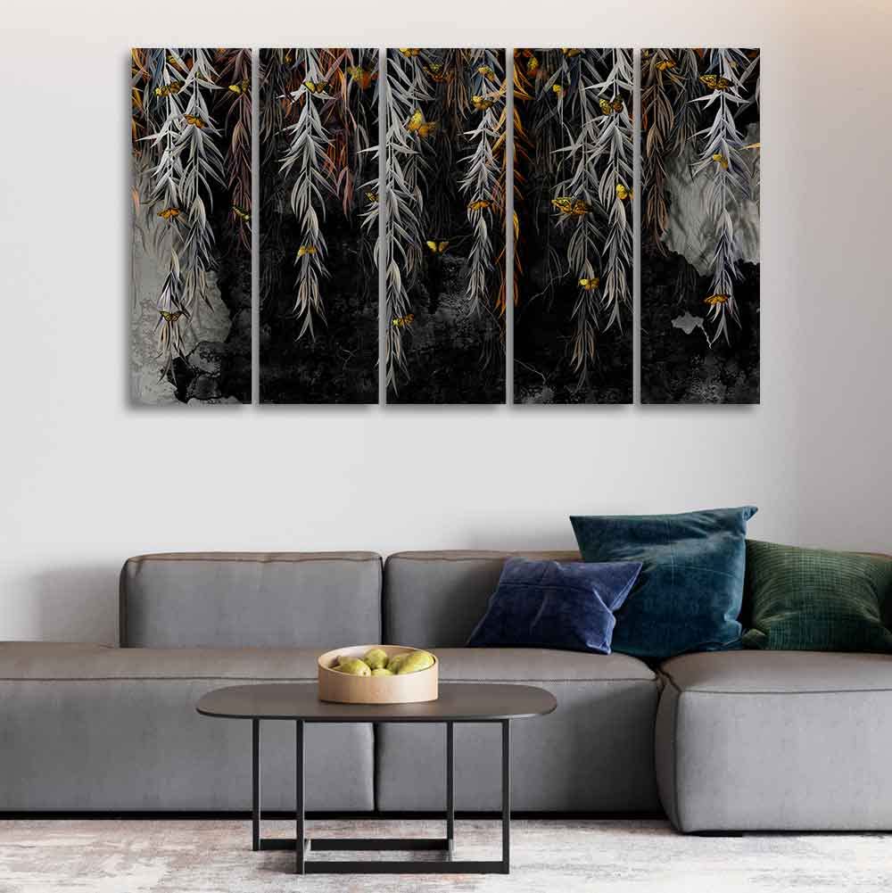VIBECRAFTS Willow Branches with Gold Butterflies Wall Painting of Five Pieces For Home|Office|Living Room|Gift (PTVC5Pcs4_8723)