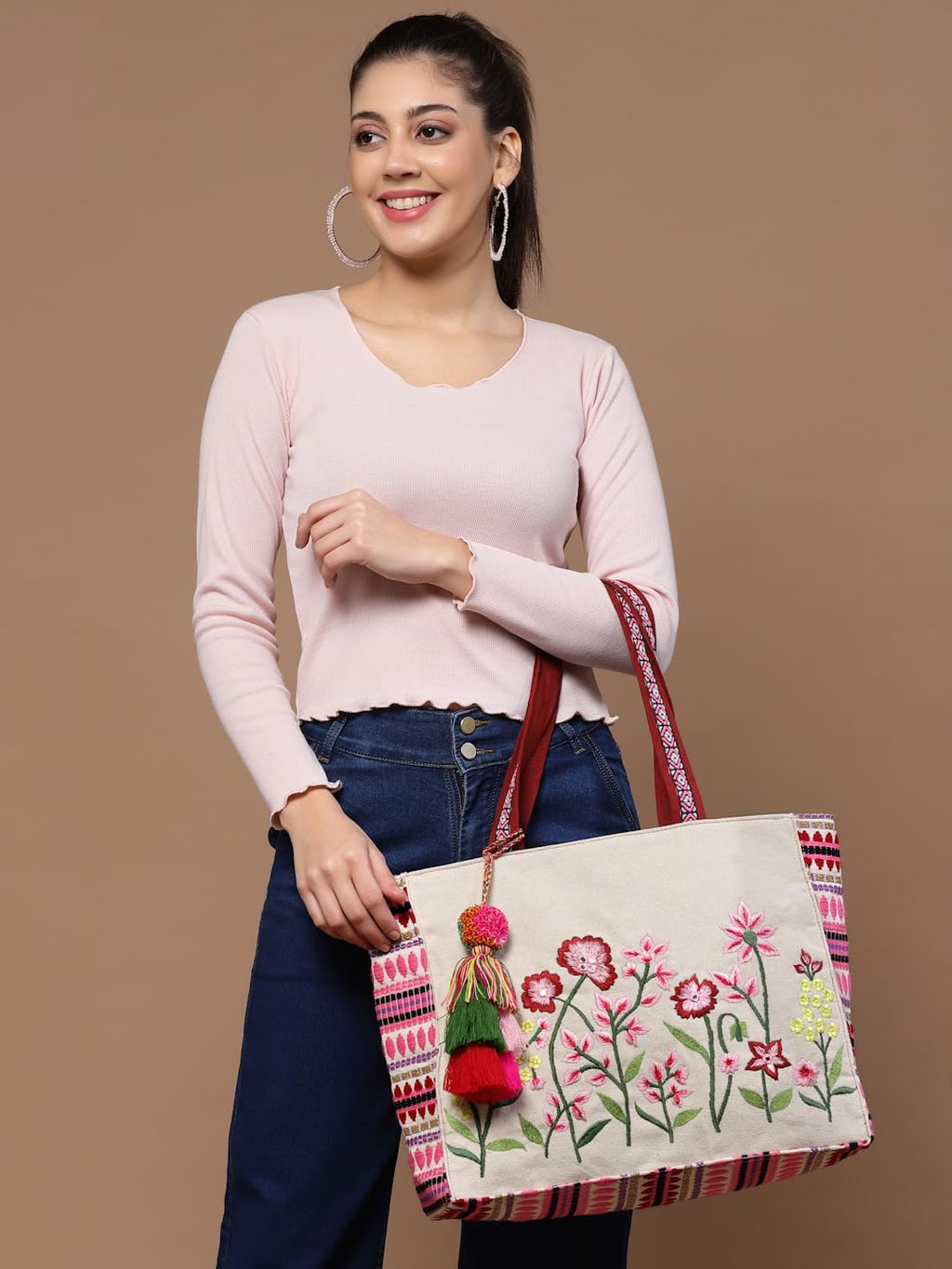 Anekaant Womens Kooky Natural, Pink & Multi Boho Floral Embroidered Handloom Cotton Jacquard Tote Bag