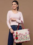 Anekaant Womens Kooky Natural, Pink & Multi Boho Floral Embroidered Handloom Cotton Jacquard Tote Bag