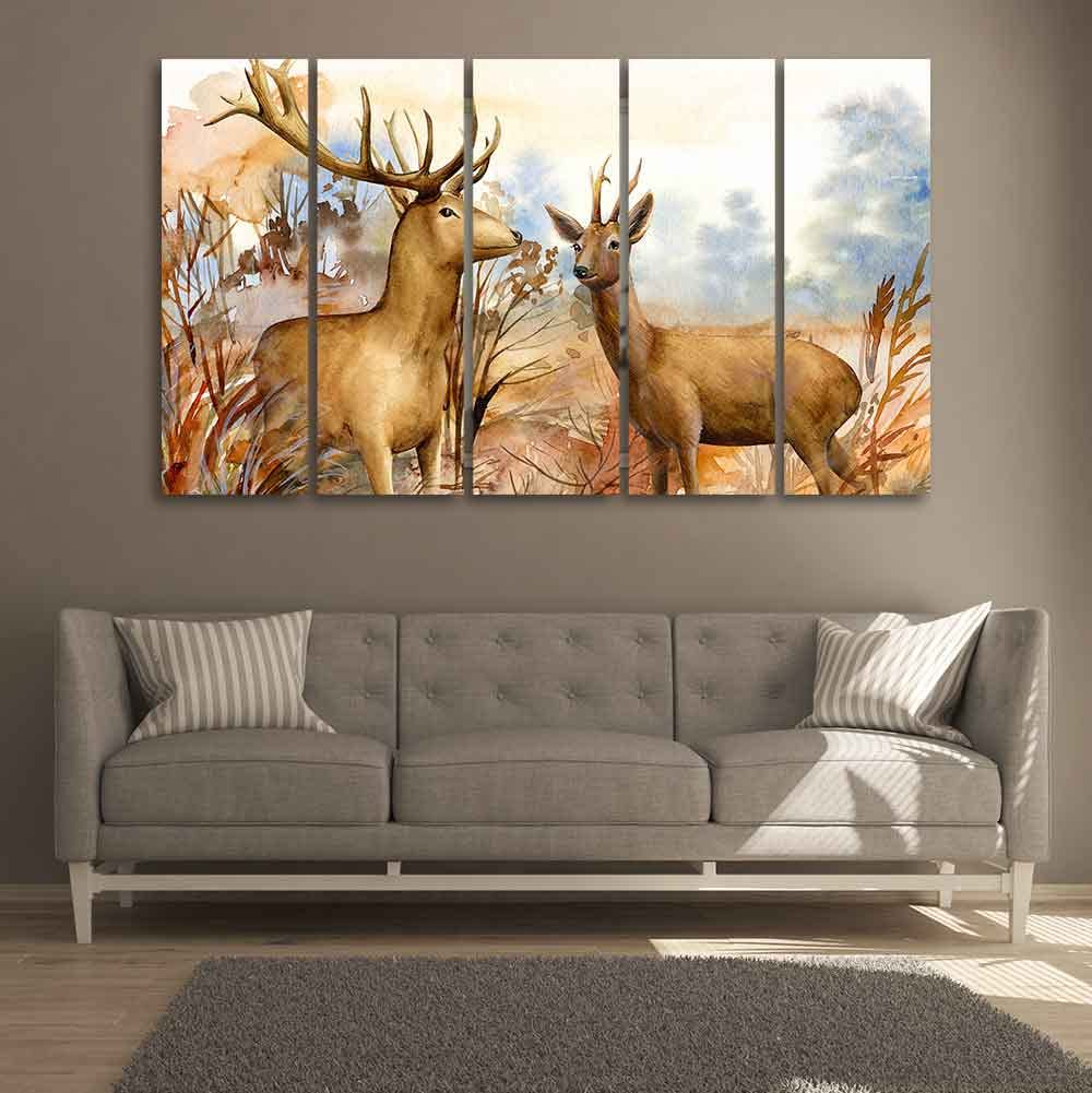 VIBECRAFTS Canvas Wall Painting Pair of Deer in the Forest Set of Five For Home|Office|Living Room|Gift (PTVC5Pcs4_8656)
