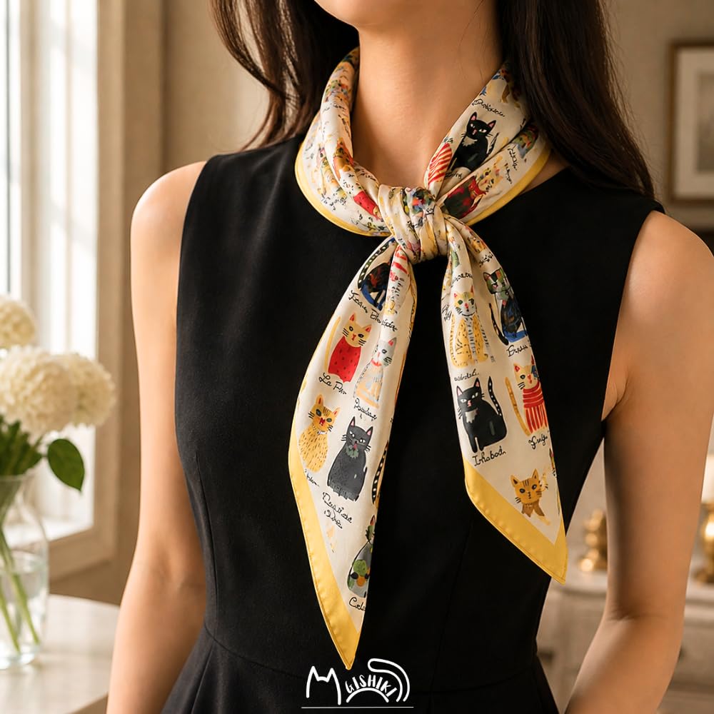 GISHIKI Cat Print Scarf | Hand-drawn Cat Illustrations | Lightweight Satin touch | One Size
