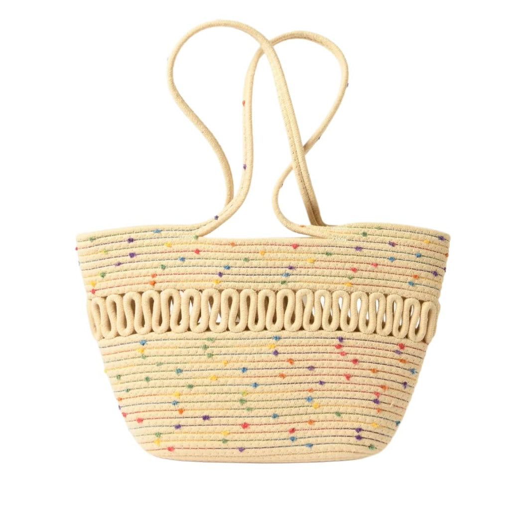 Bella N Bloom Handcrafted Cotton Rope Beach Tote Bag, Tricolor Brown Ombre Design with Decorative Tassel, Large Capacity Shoulder Bag (White)
