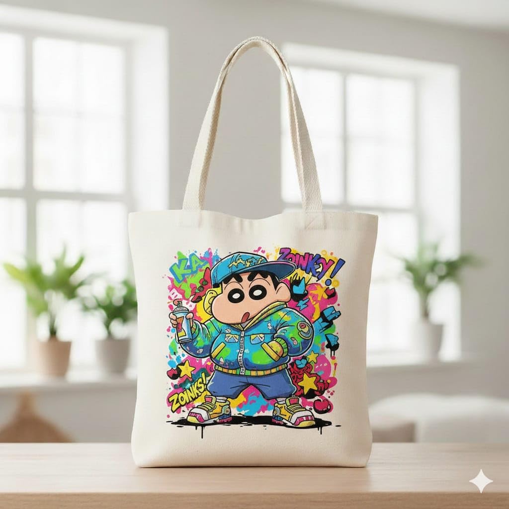 RenuKiran Welfare Foundation RWF Shinchan Printed Canvas Tote Bag For Men and Women Stylish Eco-Friendly Cotton Handbags, Canvas Tote Bags for College Girls & Boys
