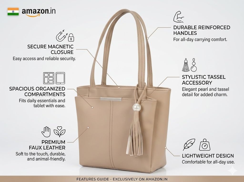 PAVILONN Women Tote Bag Ladies Handbag Shoulder Office Shopping Work Laptop PU Leather Brown Travel College Daily Use Designer Large Stylish Fashion Zipper Commuter Gift (CREAM)