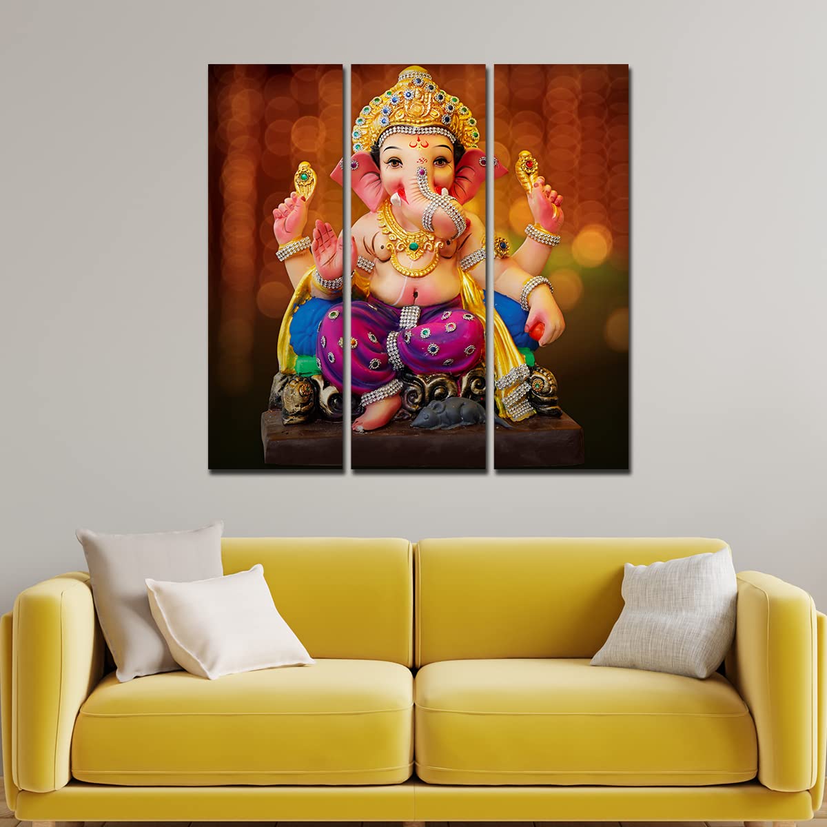 VIBECRAFTS 3 Pieces Shree Ganesha Canvas Wall Painting Fitted With Wooden Frame For Home | Office | Living Room | Gifts (PTVC3Pcs1_9568)