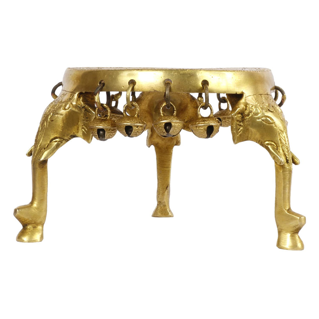 Artvarko Elephant Pillars Design Pooja Brass Chowki Round Table with Hanging Bells 5 Inch