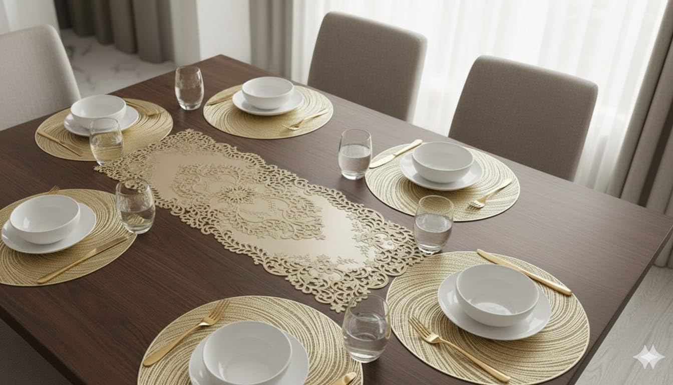Placemat Set with Table Runner Combo for Dining Table Home Kitchen Everyday Use Table Mat Set for Dining Decoration (Golden Orbit Table mat +Royal Victoria Table Runner, Pack of 7 (6+1)) Kafalo