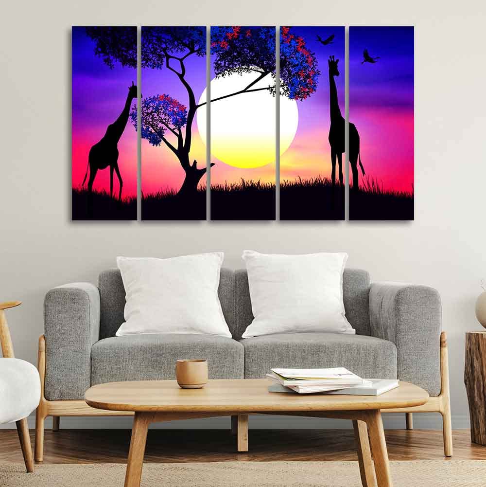 VIBECRAFTS Pair of Giraffe at Night Canvas Wall Painting of Five Pieces For Home|Office|Living Room|Gift (PTVC5Pcs4_8736)