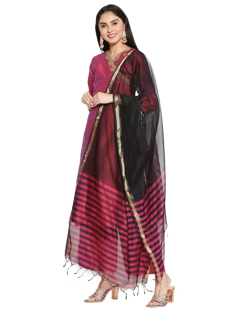DUPATTA BAZAAR Women's Black & Red Striped Blended Silk Dupatta