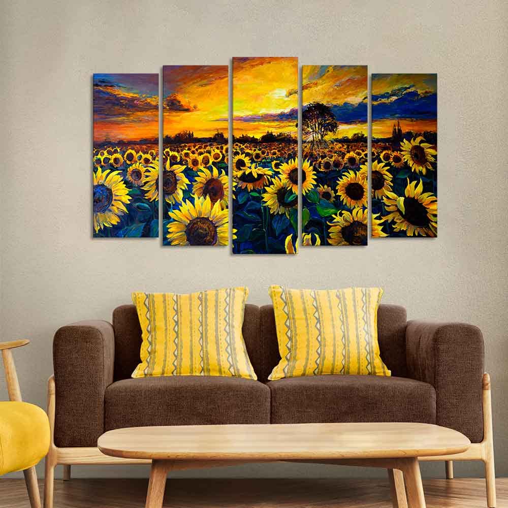 VIBECRAFTS Beautiful Sunflower Garden Canvas Wall Painting of Five Pieces For Home|Office|Living Room|Gift (PTVC5Pcs2_6597)