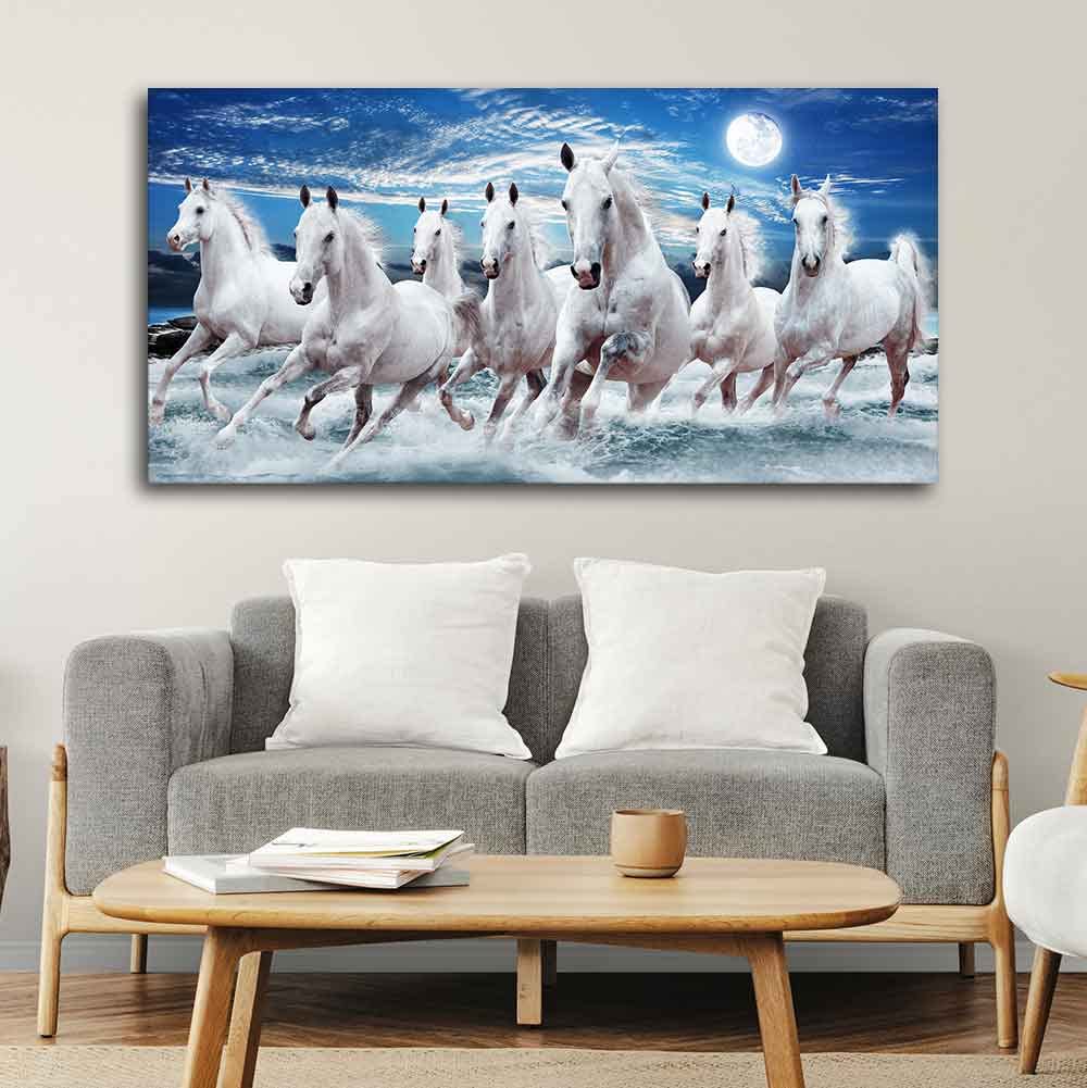 VIBECRAFTS Canvas Paintings for Living Room Drawing Room Beautiful Seven Running Horses Wall Painting in Water Wall Art Fitted with Wooden Frame for Home|Office|Gift(PTVCH_2255NN) (Multi 5)