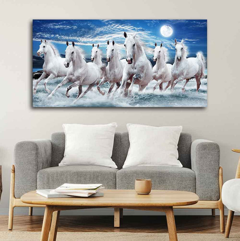 VIBECRAFTS Canvas Paintings for Living Room Drawing Room Beautiful Seven Running Horses Wall Painting in Water Wall Art Fitted with Wooden Frame for Home|Office|Gift(PTVCH_2255NN) (Multi 5)
