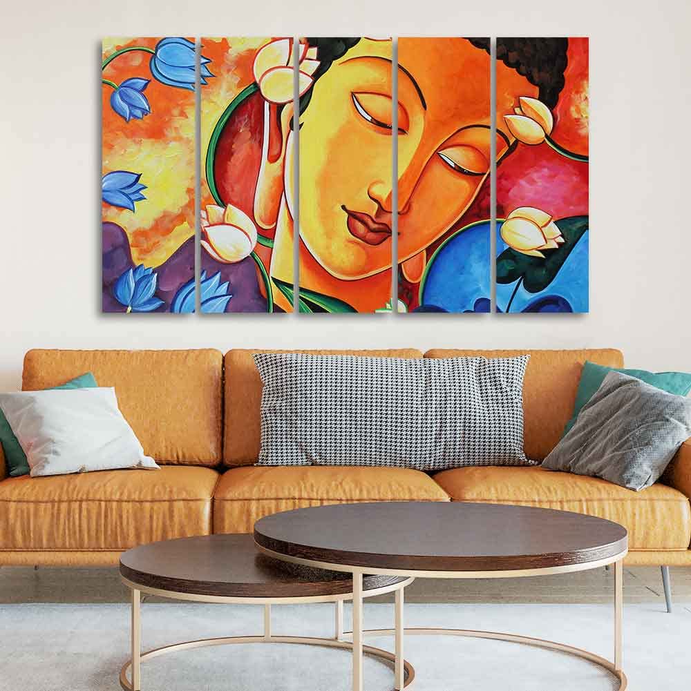 VIBECRAFTS Abstract Wall Painting of Spiritual Buddha Set of Five For Home|Office|Living Room|Gift (PTVC5Pcs4_8697)