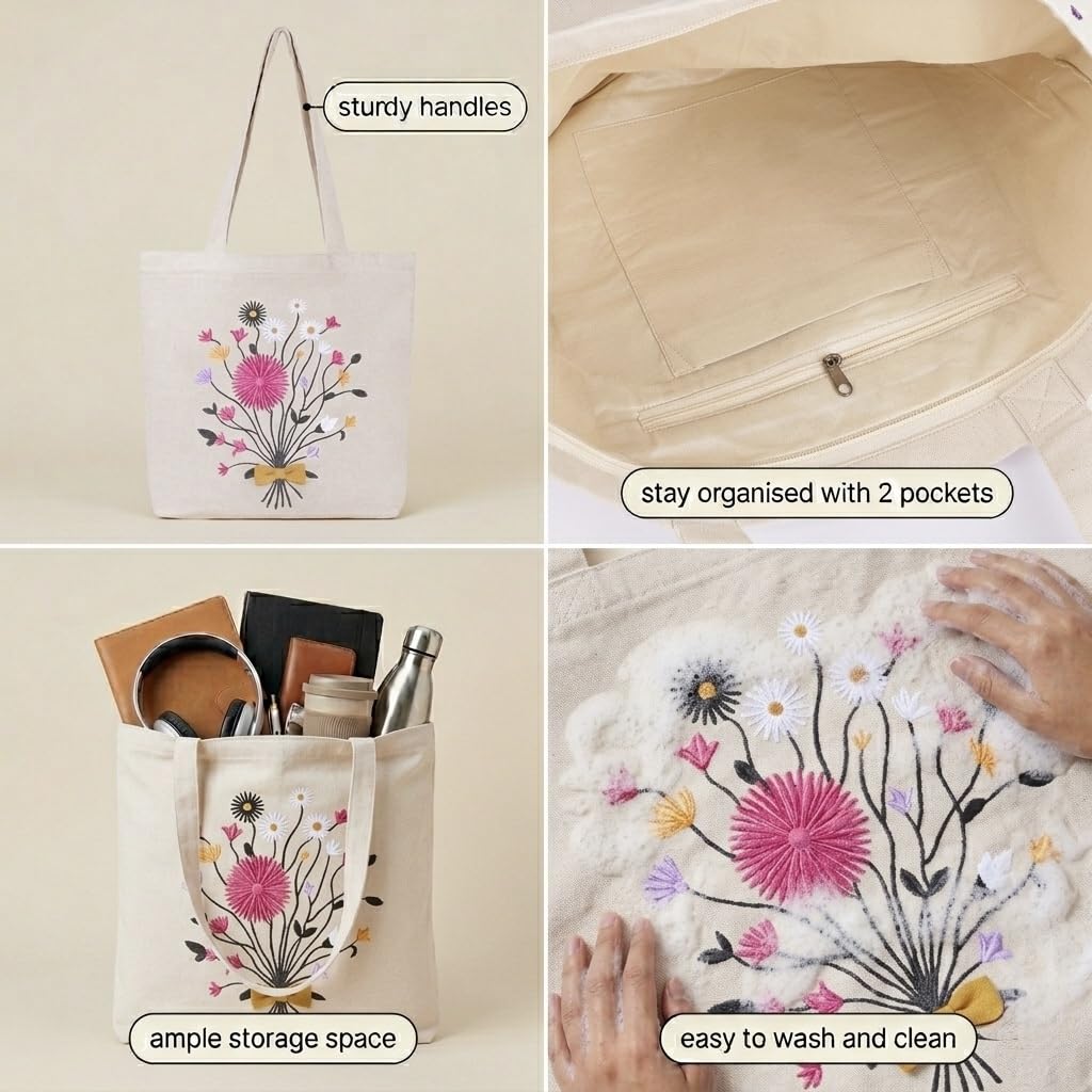MASQ Premium ToteBag for Women with Zipper | Embroidered Foldable Shoulder Bag with Multiple Pockets | Spacious Handbag for College & Office | Eco-Friendly & Reusable (Tote_Bag_Bouquet)