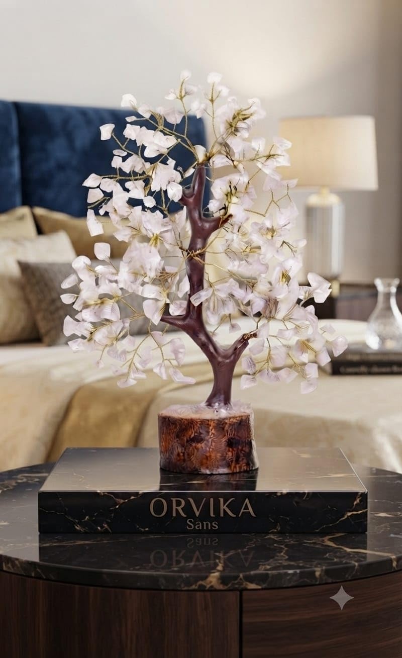 ORVIKA Natural Crystal Tree for Home Decor | Handmade Gemstone Bonsai Tree with Wooden Base | Feng Shui & Vastu Positive Energy Crystal Tree (White, 300 Beads Tree)