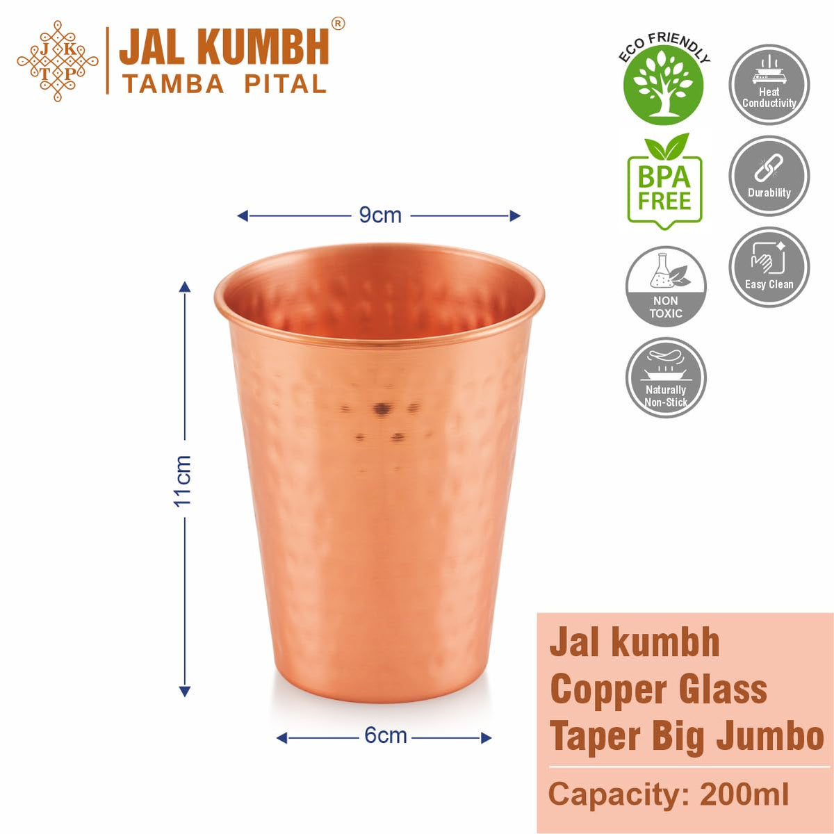 Jalkumbh Pure Copper Glasses Tapper Big Jumbo Water Glass Pure Tamba Glass for Drinking & Serving Water Tumbler-350 ML