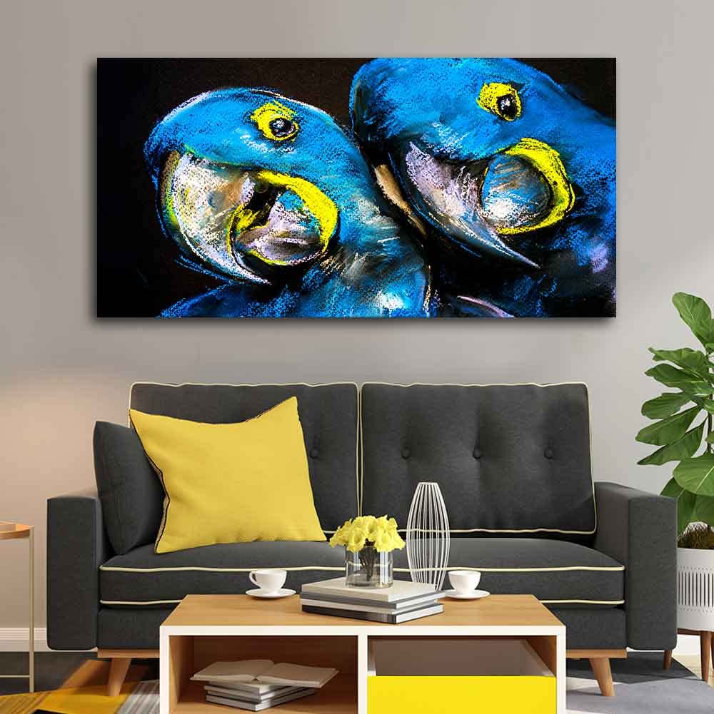 VIBECRAFTS Canvas Paintings for Living Room Drawing Room Blue Parrots Pastel Art Canvas Wall Painting Fitted With Wooden Frame for Home | Office | Gift (PTVCH_2436)